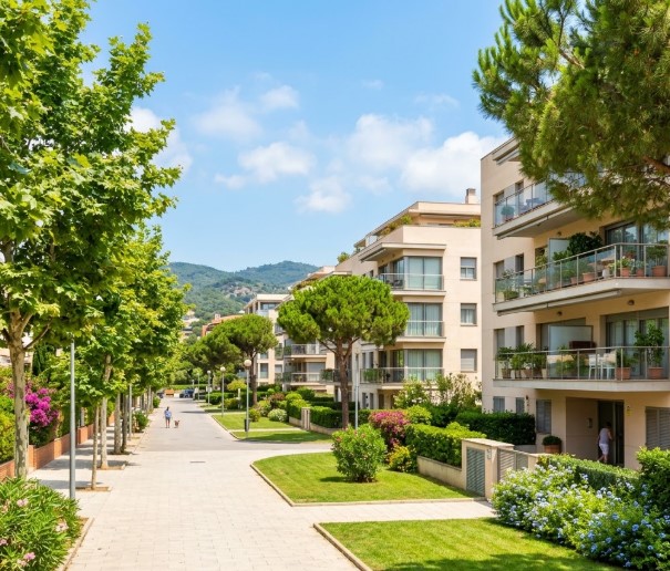 Vistas de las zonas verdes, edificios residenciales modernos y el entorno seguro del barrio de Els Canyars